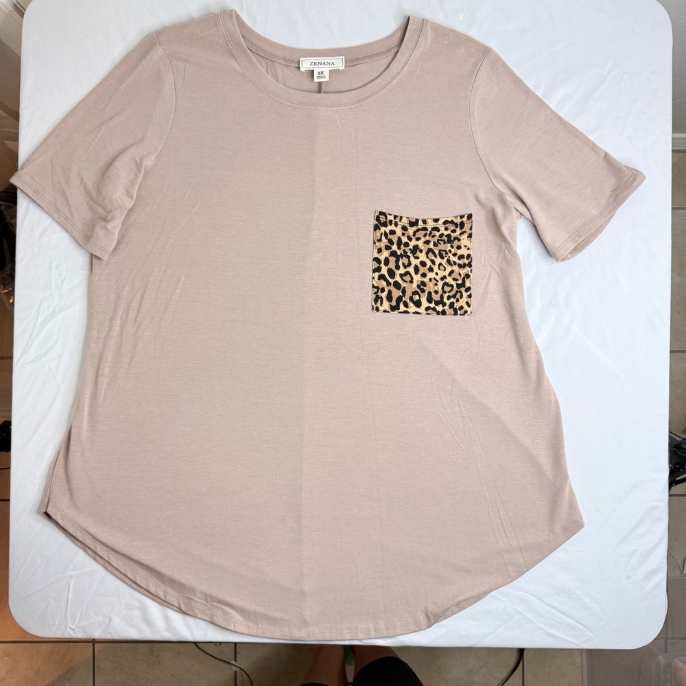 Zenana Womens 2X Taupe Short Sleeve Top Leopard Print Pocket RT-2267XBA